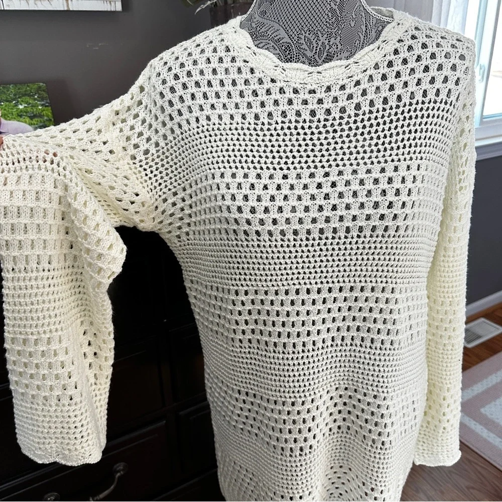 Cream Crochet Open Knit Sweater Tunic | Coastal Boho Beach Coverup Size M